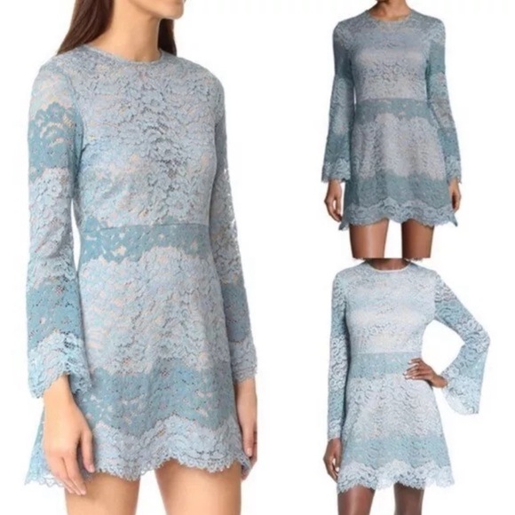WAYF Baby Blue Lace Bell Sleeve Mini Dress Dream Lover Skater Dress Size Medium - Picture 1 of 12
